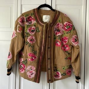 Anthropologie floral and olive bomber jacket